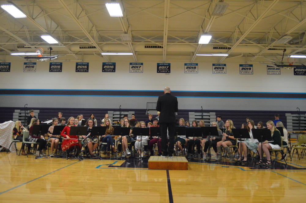 The seventh and eighth grade band performs at the winter band concert.