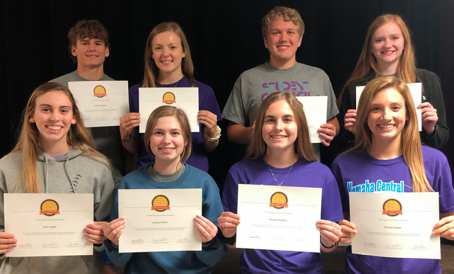 Bottom row, left to right: Lexi Lueger, Jessica Deters, Ainsley Nordhus, and Hannah Meyer. Top row left to right: Austin Ahlquist, Emma Elder, Hunter Steinlage, and Michelle Olberding.