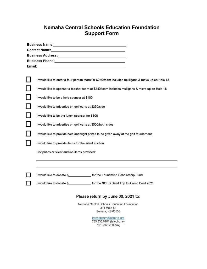 NC Ed Foundation Golf Tournament Support Form