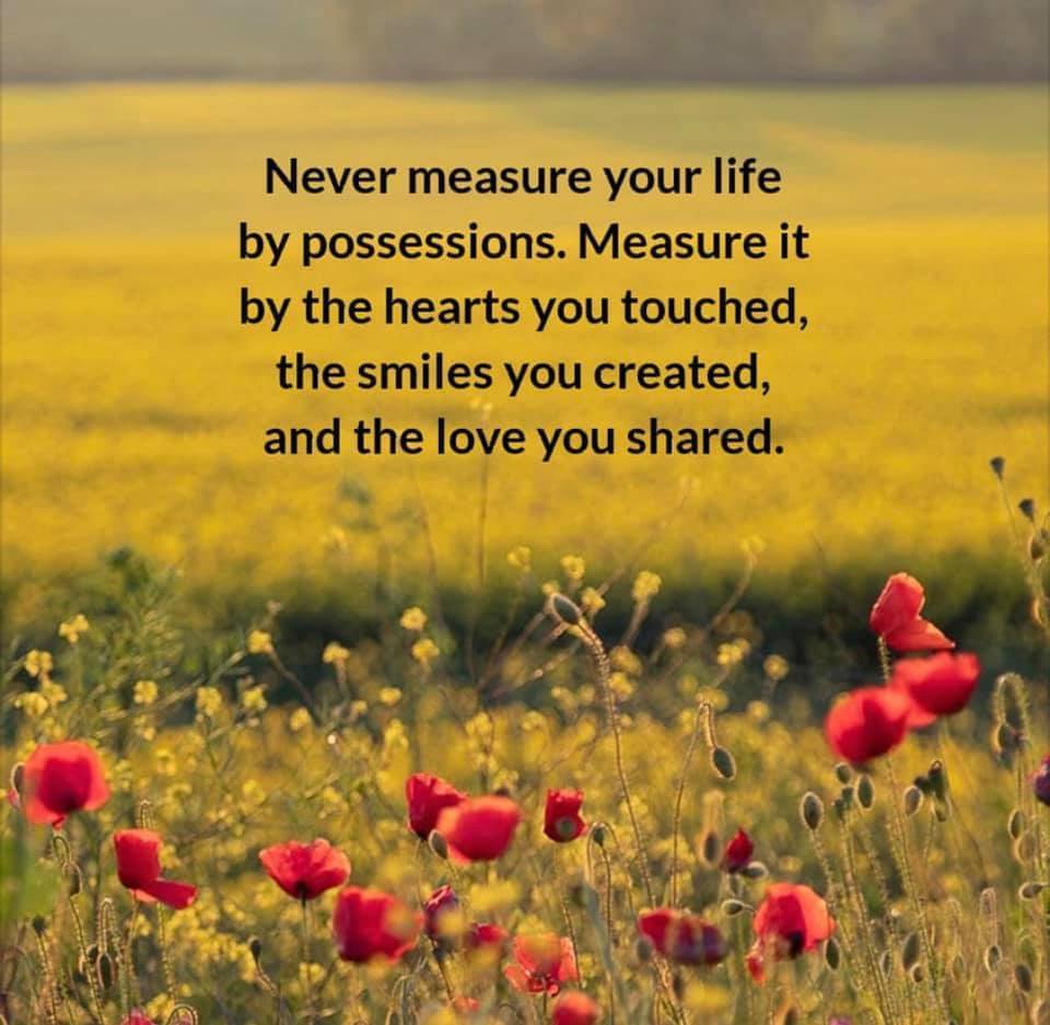 Never measure your life by possessions. Measure it by the hearts you touched, the smiles you created, and the love you shared. 