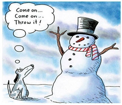 Dog asking snowman to throw it (stick arms)